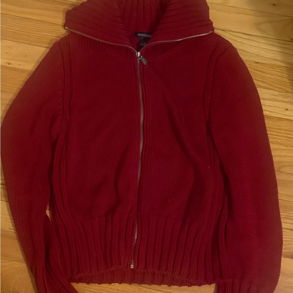 Ann Taylor Red Zip Up‎ Sweater 100% Cotton